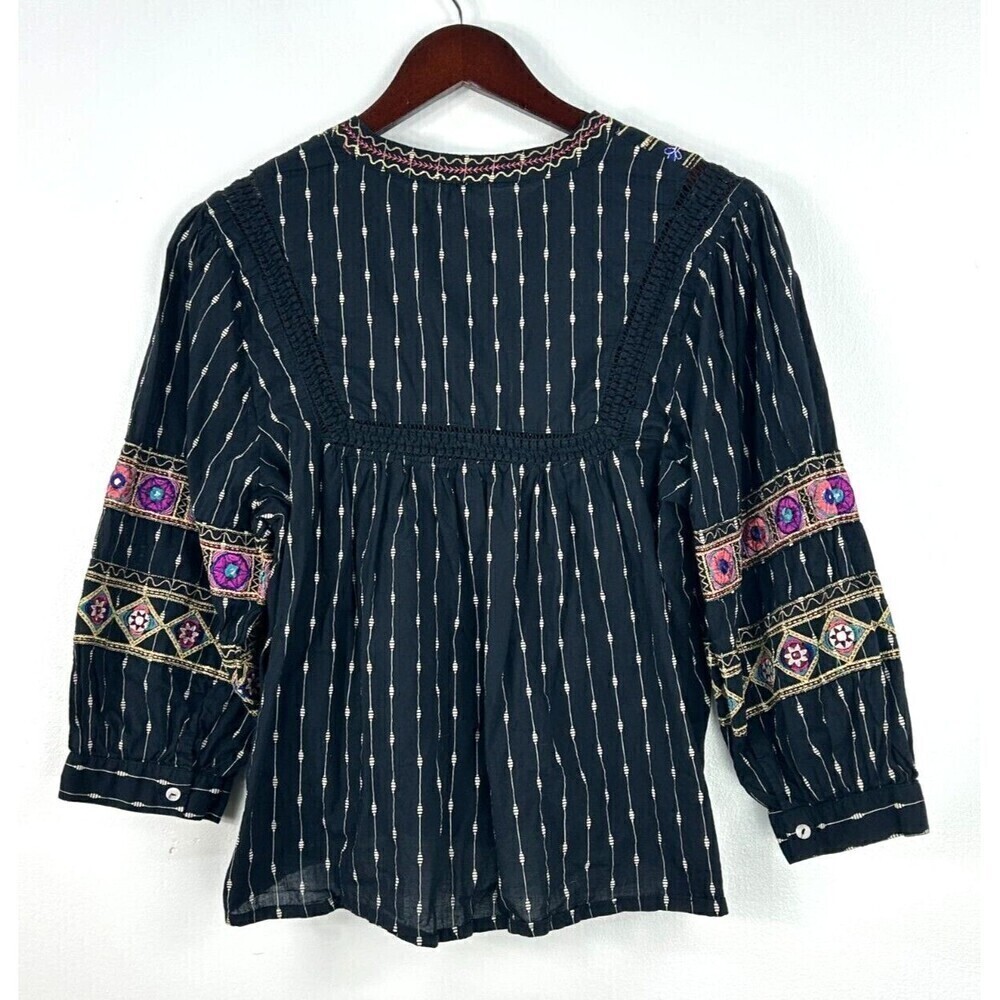 Ultra Pink Women L Top Black Gold Embroider Puff Sleeve Tassel Boho Festival N1 - Picture 5 of 12